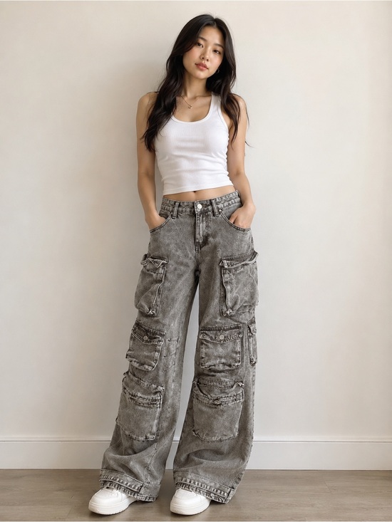 Fashion Nova Denim - Fashion Nova Acid Wash Cargo Wide Leg Jeans Size 9 Y2K Utility Baggy